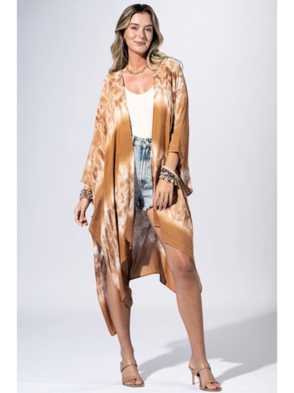 Brown Boho Tie Dye Lightweight Semi Sheer Open Kimono Wrap Top Casual One Size